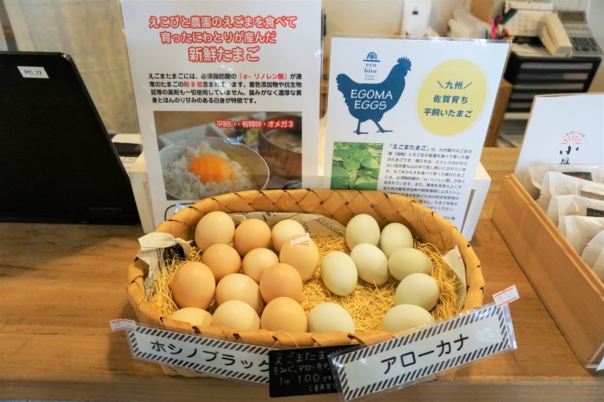 自社農園で育てた「えごま」を食べて育ったにわとりから産まれた新鮮なたまごを使ったスイーツあり